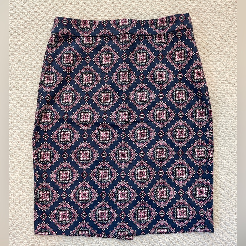 J. Crew Navy and Pink Geometric Pencil Skirt